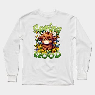 Cute Highland Cow with Butterflies and Flowers Long Sleeve T-Shirt